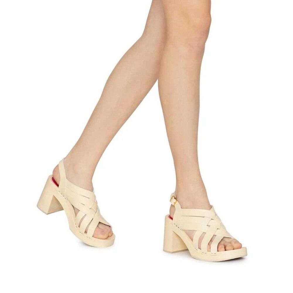 Swedish Hasbeens ViVi Off-White Leather Heel Sandals Size 39 Euro Summer Scandi